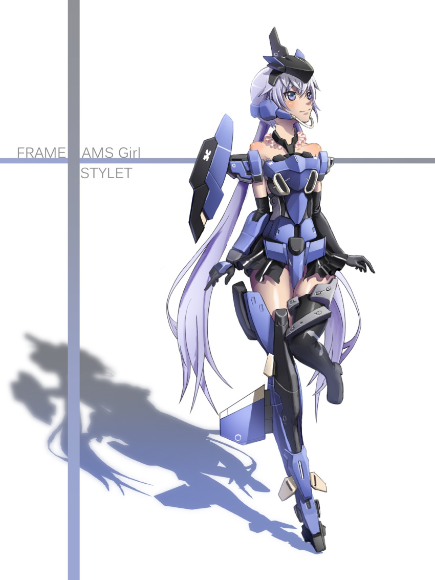 1girl black_gloves blue_eyes blue_hair blush frame_arms_girl gloves highres long_hair mecha_musume misenouchi shadow smile solo standing standing_on_one_leg stylet thigh-highs thighs white_background