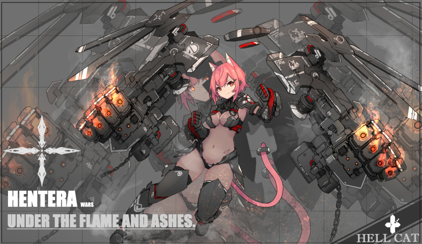 1girl animal_ears armor armored_boots armored_gloves bangs bikini_armor black_legwear bodysuit boots cat_ears cat_girl cat_tail chains commentary covered_navel english_commentary floating_weapon full_body gauntlets hair_ornament hairclip headgear highres huge_weapon mecha mechanical_fists mechanical_parts orange_eyes original pink_hair short_hair sidelocks solo syaha tail tail_ornament thigh-highs weapon zoom_layer