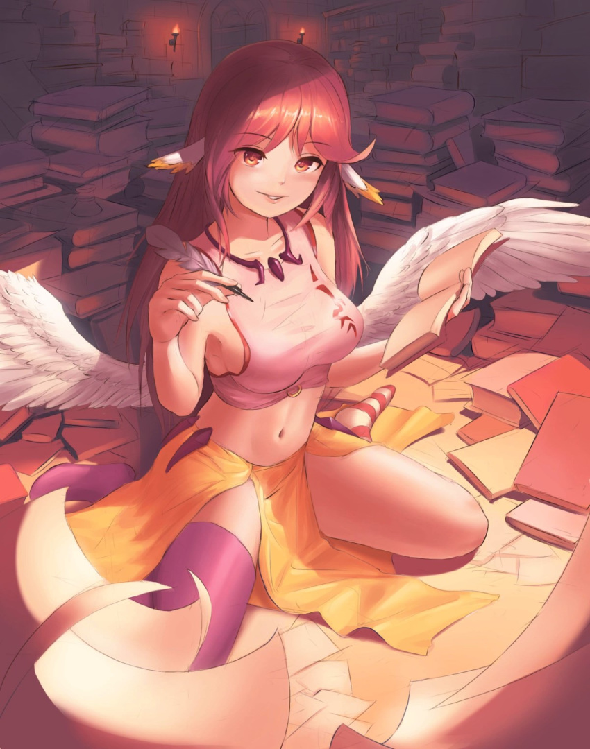 1girl asymmetrical_legwear awan97 bare_shoulders blush book breasts collarbone crop_top feathered_wings full_body grin highres holding holding_book holding_feather indoors jibril_(no_game_no_life) long_hair looking_at_viewer medium_breasts navel no_game_no_life paper pile_of_books pink_hair purple_legwear seiza side_slit sideboob sitting sleeveless smile solo striped striped_legwear symbol-shaped_pupils thigh-highs white_wings wing_ears wings yellow_eyes