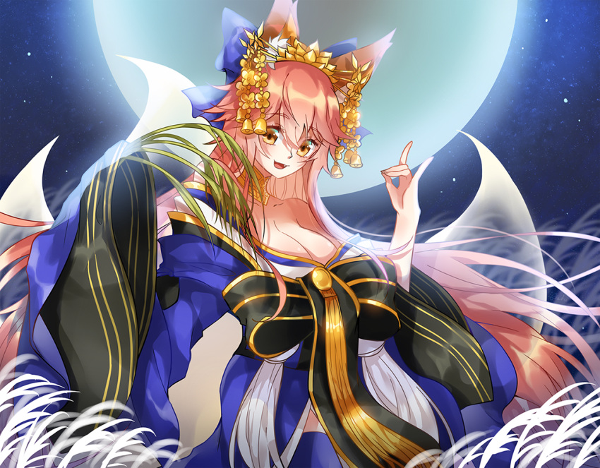 1girl animal_ear_fluff animal_ears breasts cleavage collarbone crown fang fate/grand_order fate_(series) fox_ears fox_girl fox_shadow_puppet fox_tail full_moon japanese_clothes large_breasts long_hair looking_at_viewer moon open_mouth pink_hair solo tail tamamo_(fate)_(all) tamamo_no_mae_(fate) trudy0816 yellow_eyes