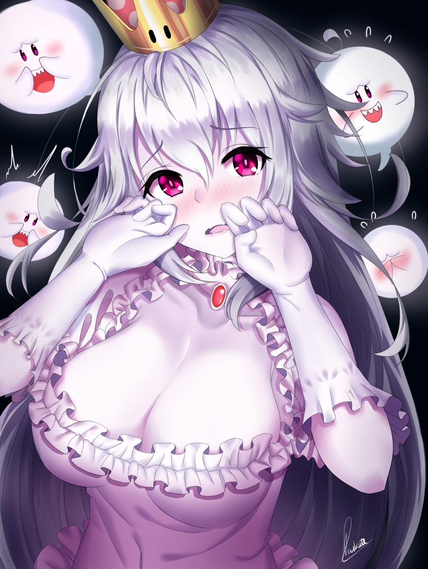 1girl black_background blush boo breasts cleavage crown eyebrows_visible_through_hair gloves highres large_breasts long_hair looking_at_viewer luigi's_mansion super_mario_bros. new_super_mario_bros._u_deluxe nintendo nose_blush open_mouth pale_skin pink_eyes piukute062 princess_king_boo signature silver_hair simple_background super_crown upper_body wavy_mouth white_gloves