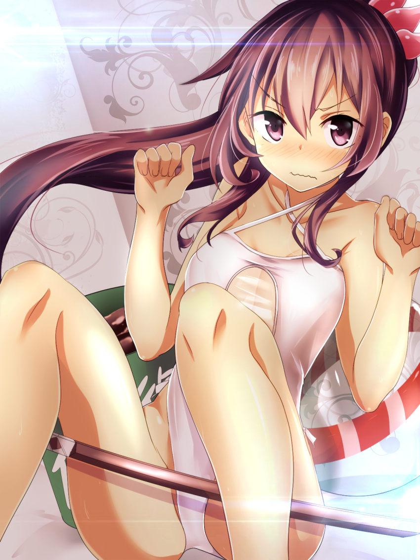 1girl alternate_costume alternate_hairstyle blush breasts closed_mouth eyebrows_visible_through_hair hair_between_eyes highres kantai_collection kisaragi_(kantai_collection) lifebuoy long_hair looking_at_viewer medium_breasts purple_hair solo swimsuit tom_(drpow) violet_eyes wavy_mouth white_swimsuit