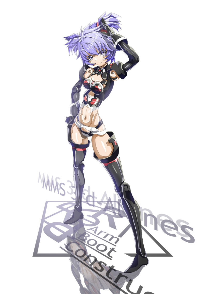 1girl altines blue_eyes blue_hair boots breasts busou_shinki character_name contrapposto hand_in_hair highres mecha_musume mechanical_arms misenouchi navel short_hair small_breasts solo thigh-highs thigh_boots thighs white_background