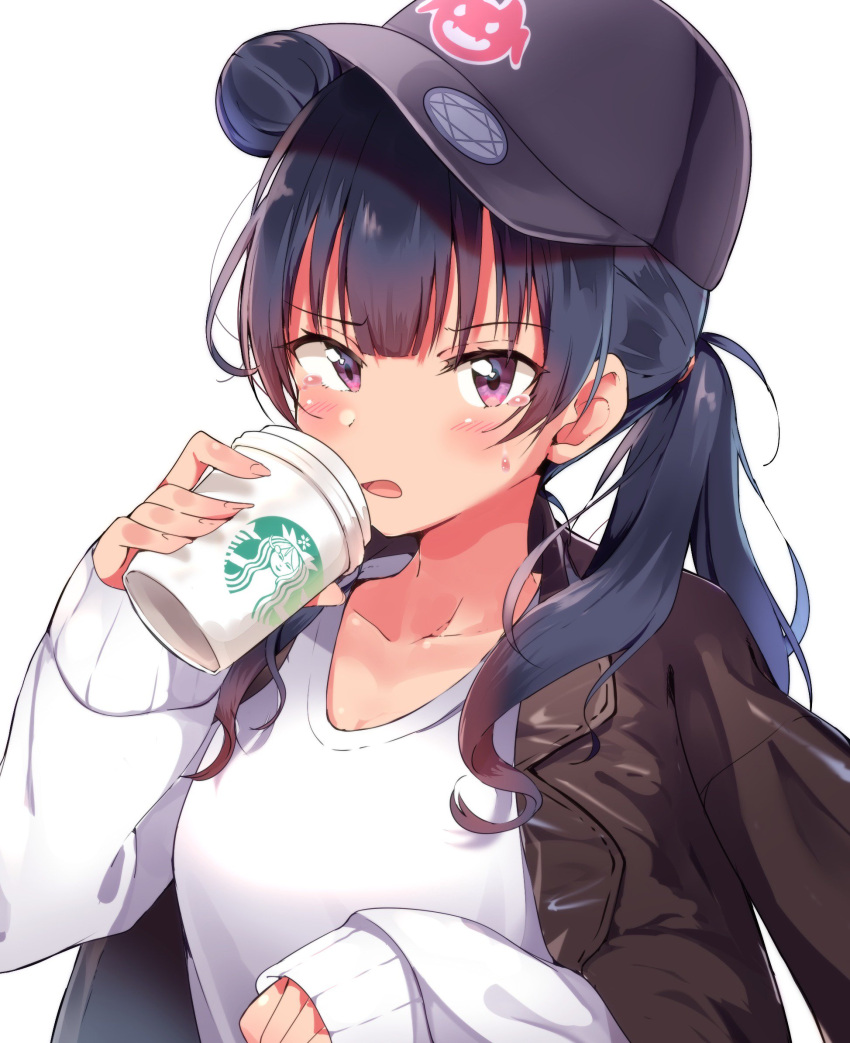 1girl alternate_hairstyle bangs baseball_cap black_hat black_jacket blue_hair blush coffee_cup collarbone commentary_request cup disposable_cup eyebrows_visible_through_hair hat highres holding holding_cup jacket jacket_on_shoulders long_hair long_sleeves love_live! love_live!_sunshine!! magic_circle open_mouth print_hat shoero side_bun solo starbucks sweater tears tsushima_yoshiko twintails upper_body violet_eyes white_sweater