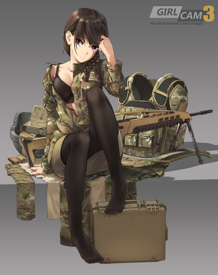 1girl assault_rifle bipod black_bra bra braid brown_hair camouflage case gun headwear_removed helmet helmet_removed highres load_bearing_vest military military_uniform no_shoes open_clothes open_shirt original pantyhose pencil_skirt pink_eyes rifle shirt sitting skirt solo tantu_(tc1995) underwear uniform vest_removed weapon weapon_request