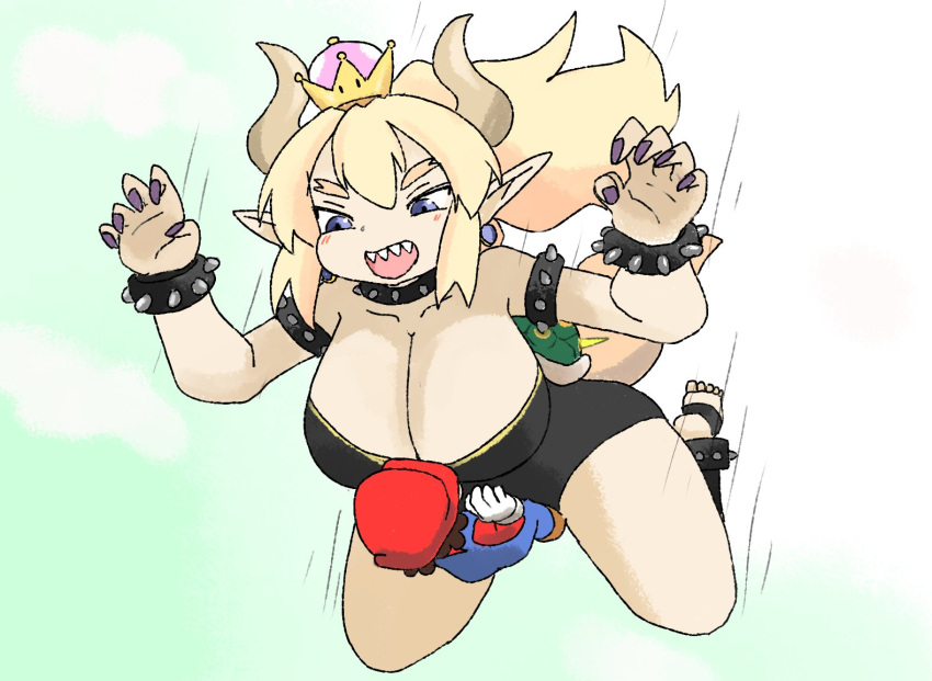 1boy 1girl :d bare_shoulders black_legwear black_leotard blonde_hair blush bowsette bracelet breasts brown_hair cleavage collar commentary_request crown gloves hat horns jewelry large_breasts latenight leotard mario super_mario_bros. new_super_mario_bros._u_deluxe nintendo open_mouth overalls pointy_ears ponytail red_hat sharp_teeth smile spiked_bracelet spiked_collar spiked_shell spikes stirrup_legwear super_crown teeth toeless_legwear violet_eyes white_gloves