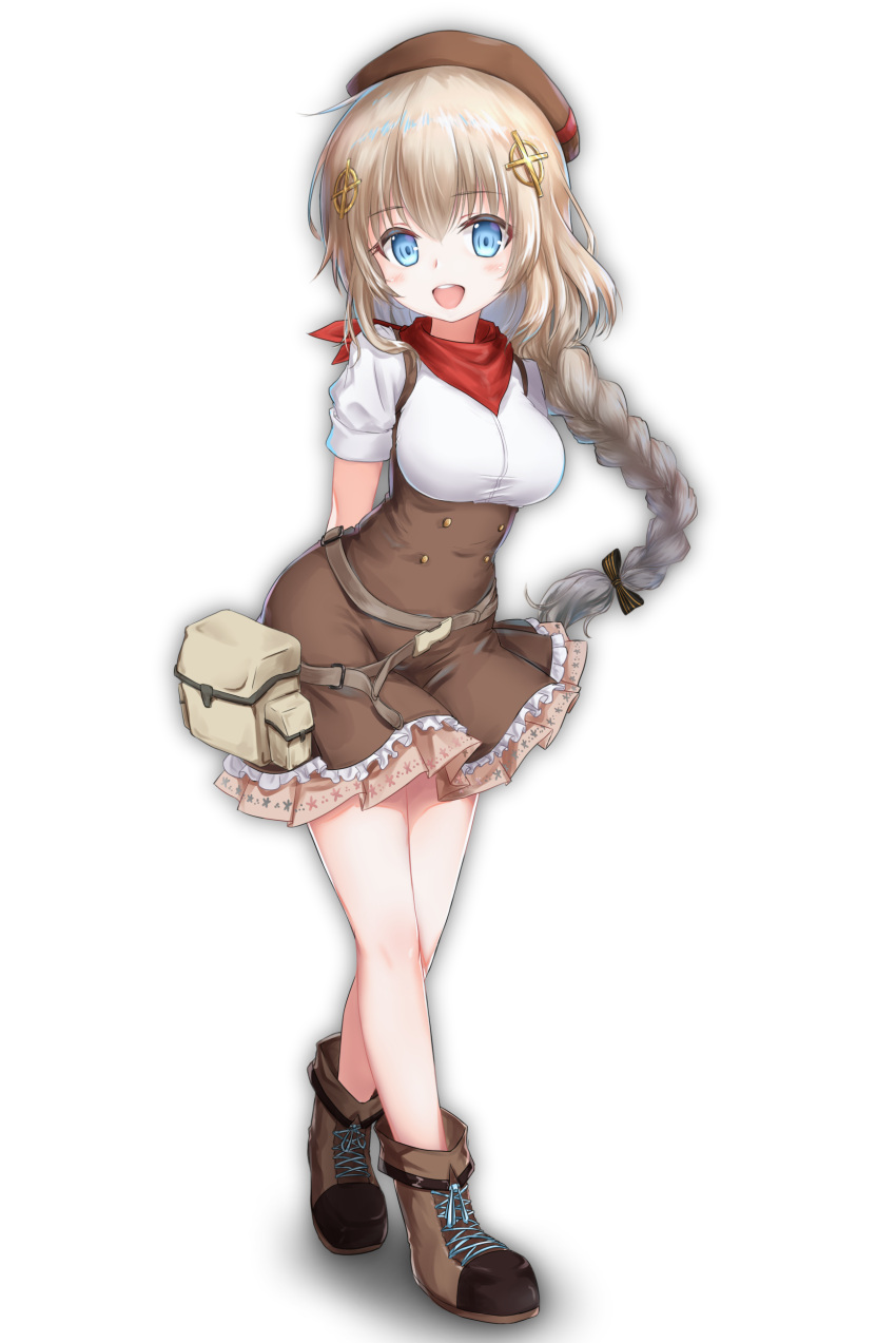 1girl absurdres arms_behind_back belt_bag beret blue_eyes blush boots breasts brown_hair fn_fnc_(girls_frontline) full_body girls_frontline gukukimu hair_ornament hat highres long_braid long_hair looking_at_viewer medium_breasts open_mouth ribbon scarf simple_background smile solo standing white_background