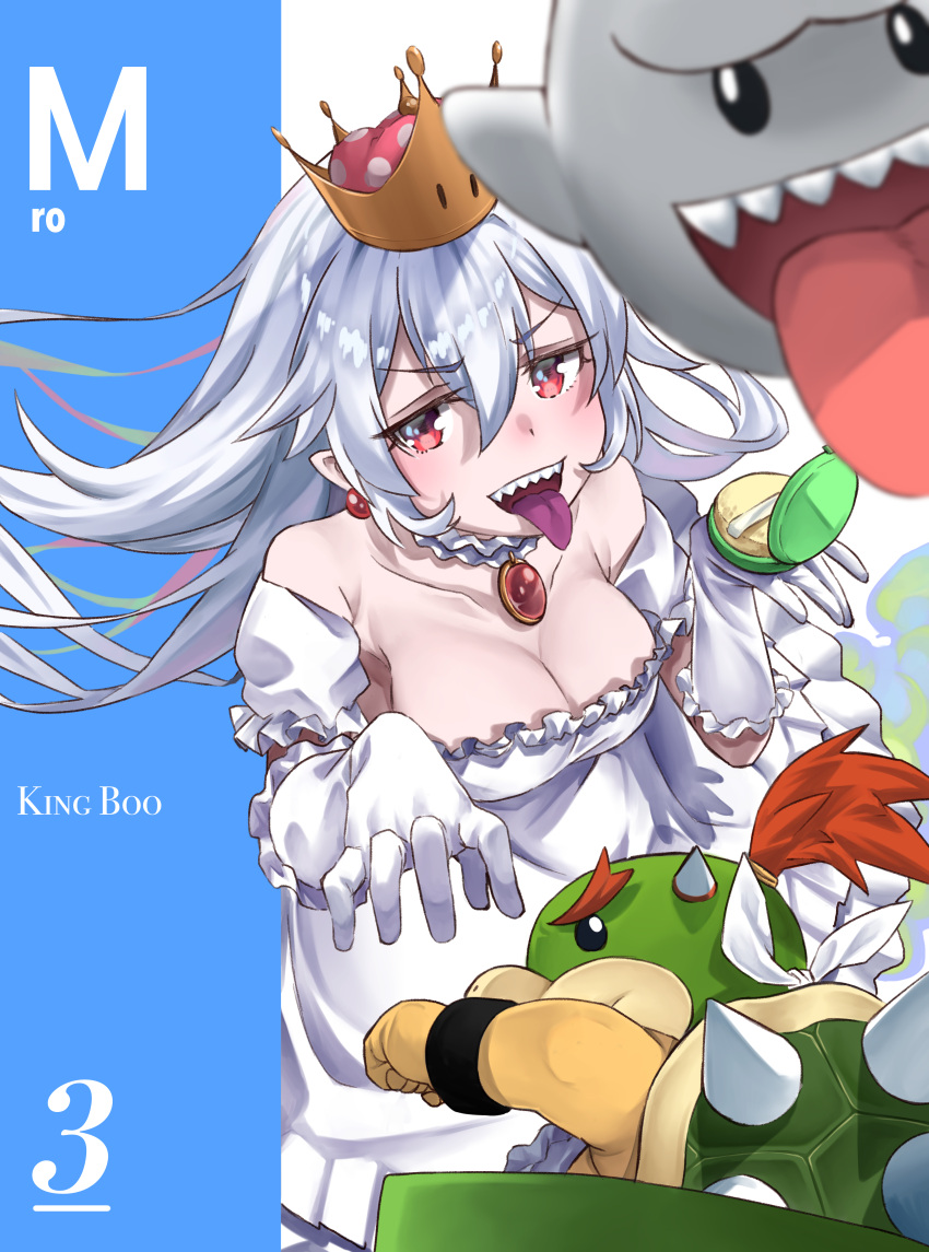 1boy 1girl absurdres artist_request bare_shoulders blue_background blurry_foreground blush boo bowser_jr. breasts character_name choker cleavage close-up collarbone commentary_request dress elbow_gloves eyebrows_visible_through_hair foreshortening ghost_pose gloves hair_between_eyes hair_tie highres horns initial jewelry koopa_clown_car long_hair long_tongue looking_back luigi's_mansion super_mario_bros. medium_breasts new_super_mario_bros._u_deluxe nintendo off-shoulder_dress off_shoulder pendant pointy_ears princess_king_boo puffy_short_sleeves puffy_sleeves purple_tongue red_earrings red_eyes redhead reflective_eyes sharp_teeth shiny shiny_hair short_sleeves sidelocks silver_hair solid_circle_eyes spiked_shell super_crown teeth tongue tongue_out two-tone_background white_background white_choker white_dress white_gloves wristband