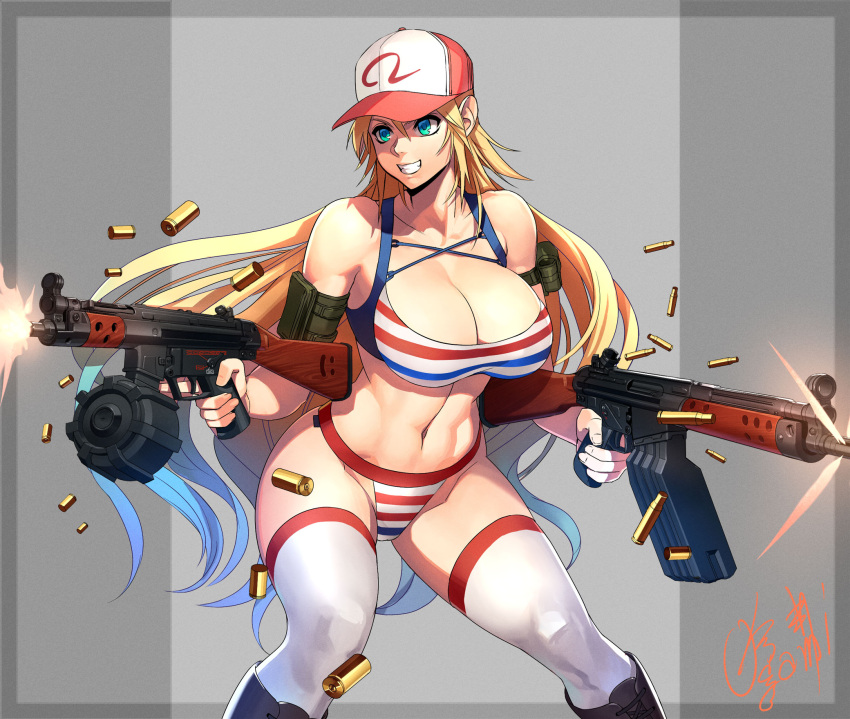 1girl ammunition armlet bare_shoulders bikini blonde_hair blue_eyes boots breasts cleavage clenched_teeth collarbone commentary_request dual_wielding extended_magazine fighting_stance firing gradient_hair grey_background gun hat highres holding holding_gun holding_weapon large_breasts long_hair machine_gun midriff multicolored_hair navel ogami original shell_casing signature smile streaked_hair striped striped_bikini swimsuit teeth thigh-highs very_long_hair weapon