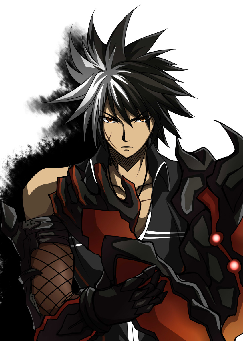 1boy absurdres alice360 armor collarbone elsword eyebrows_visible_through_hair glowing highres mechanical_arm multicolored_hair open_mouth raven_(elsword) reckless_fist_(elsword) scar spiky_hair two-tone_hair