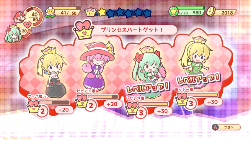 1boy 4girls :d blonde_hair bow bowsette_jr. bracelet crown curly_hair dress earrings facial_hair fake_screenshot fan gameplay_mechanics gloves green_hair hair_bow hair_over_eyes hat horns jewelry long_hair mario super_mario_bros. multiple_girls mustache new_super_mario_bros._u_deluxe nintendo one_eye_closed open_mouth paper_mario paper_mario:_the_thousand_year_door parody personification pink_hair resaresa smile star striped_hat style_parody super_crown super_mario_bros. translated twintails v_arms vivian vivian_(paper_mario) witch_hat yoshi yurume_atsushi