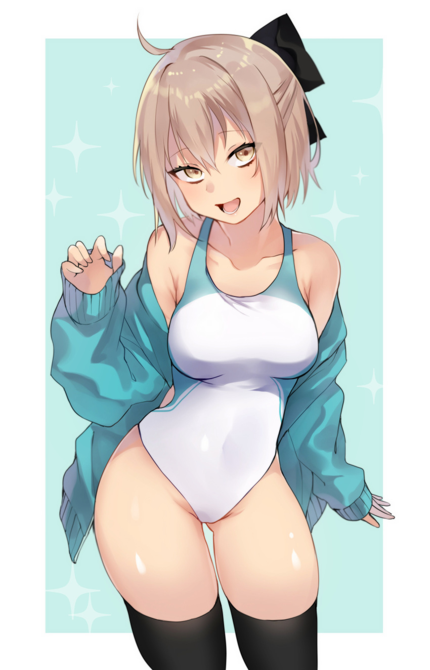 1girl :d absurdres ahoge ass_visible_through_thighs black_legwear breasts brown_eyes brown_hair collarbone competition_swimsuit covered_navel cowboy_shot fate/grand_order fate_(series) half_updo head_tilt highres iriehana jacket large_breasts looking_at_viewer off_shoulder okita_souji_(fate) okita_souji_(fate)_(all) one-piece_swimsuit open_clothes open_jacket open_mouth short_hair sleeves_past_wrists smile solo swimsuit thigh-highs