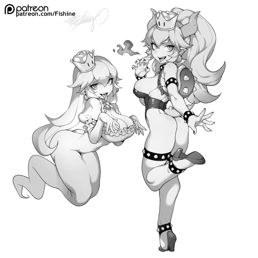 2girls ass bare_shoulders bowsette bracelet breasts breathing_fire cleavage collar crown dress elbow_gloves eyebrows_visible_through_hair fingernails fishine from_behind ghost gloves greyscale hair_between_eyes hand_up high_heels highres horns jewelry large_breasts leotard lizard_tail long_dress looking_at_viewer luigi's_mansion super_mario_bros. monochrome multiple_girls nail_polish new_super_mario_bros._u_deluxe nintendo patreon_username pointy_ears ponytail princess_king_boo puffy_short_sleeves puffy_sleeves sharp_teeth short_sleeves signature simple_background smile spiked_anklet spiked_bracelet spiked_collar spiked_shell spikes standing standing_on_one_leg super_crown tail thick_eyebrows tongue tongue_out white_background