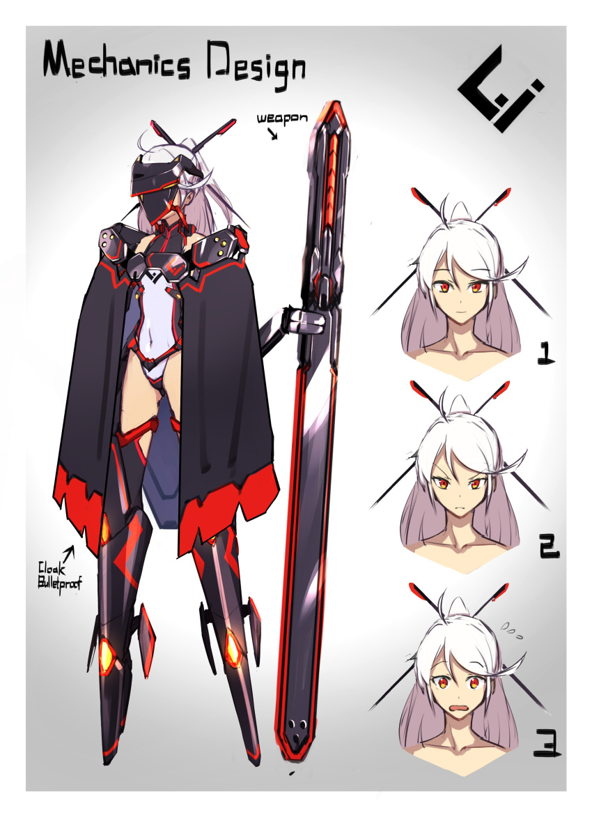 1girl absurdres black_cape boots cape character_sheet closed_mouth covered_navel embarrassed expressions flying_sweatdrops frown gradient gradient_background grey_background hair_ornament hairpin highres legs_apart leotard looking_at_viewer mecha_musume navel open_mouth original pink_hair ponytail red_eyes sawawse solo standing visor_(armor)