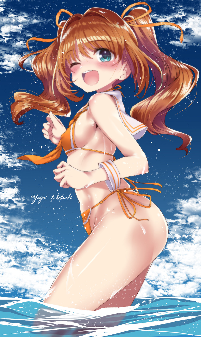 1girl bikini blue_eyes blue_sky breasts clouds cowboy_shot highres idolmaster idolmaster_(classic) long_hair looking_at_viewer one_eye_closed open_mouth orange_bikini orange_hair sailor_collar shift_(waage) sky small_breasts smile solo swimsuit takatsuki_yayoi twintails water white_sailor_collar wrist_cuffs