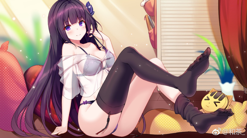 1girl black_legwear blurry blush bra breasts cleavage depth_of_field eyebrows_visible_through_hair garter_straps head_tilt hecha_(swy1996228) highres indoors large_breasts lifted_by_self long_hair looking_at_viewer loose_thighhigh off-shoulder_shirt panties purple_bra purple_hair purple_panties see-through shirt sitting smile solo strap_lift thigh-highs tricolour_lovestory underwear very_long_hair violet_eyes weibo_username wen_zhi