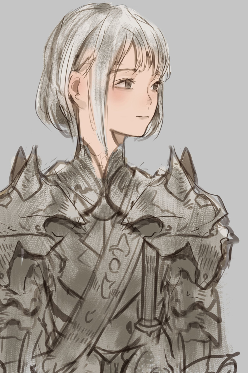 1girl armor breastplate brown_eyes closed_mouth grey_background grey_hair highres looking_to_the_side original pauldrons reido_(reido_c) short_hair simple_background sketch solo upper_body