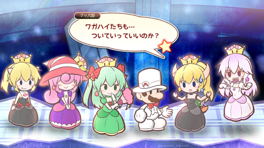 1boy blonde_hair bow bowsette bowsette_jr. bowtie collar crown curly_hair dress facial_hair fake_screenshot fan frilled_dress frilled_gloves frills gameplay_mechanics ghost ghost_pose gloves green_hair hair_bow hair_over_eyes hat jewelry long_hair luigi's_mansion mario super_mario_bros. multiple_girls mustache new_super_mario_bros._u_deluxe nintendo open_mouth paper_mario paper_mario:_the_thousand_year_door parody personification pink_hair ponytail princess_king_boo purple_tongue resaresa sharp_teeth smile spiked_collar spikes star striped_hat style_parody super_crown super_mario_bros. super_mario_odyssey sweatdrop teeth tongue tongue_out top_hat translated twintails vivian vivian_(paper_mario) white_dress white_gloves white_hair witch_hat yurume_atsushi