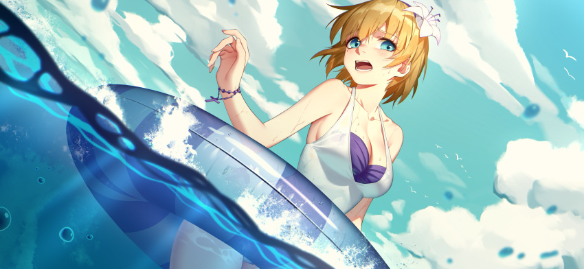 1girl absurdres blue_eyes blue_sky blush breasts brown_hair cleavage clouds day daye_bie_qia_lian dutch_angle embarrassed eyebrows_visible_through_hair flower from_below hair_flower hair_ornament highres innertube large_breasts looking_at_viewer one-piece_swimsuit open_mouth partially_submerged romantic_saga_of_beauty_&amp;_devil short_hair sky solo swimsuit water white_swimsuit