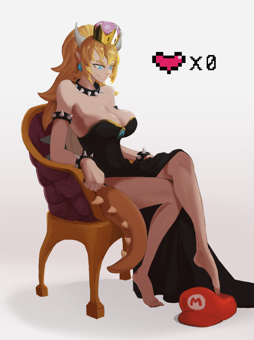 1girl anatomical_nonsense aqua_earrings aqua_eyes bad_anatomy bangs bare_shoulders black_dress blonde_hair bowsette bracelet breasts brooch cabbie_hat chair collar dress full_body gradient gradient_background grey_background grin hair_between_eyes hat health_bar heart highres horns jewelry large_breasts legs_crossed lips long_ponytail looking_down super_mario_bros. new_super_mario_bros._u_deluxe nintendo no_shoes pantyhose shado.tan sharp_teeth shiny shiny_hair shiny_skin short_hair side_slit sidelocks simple_background sitting smile spiked_bracelet spiked_collar spikes strapless strapless_dress super_crown teeth white_background