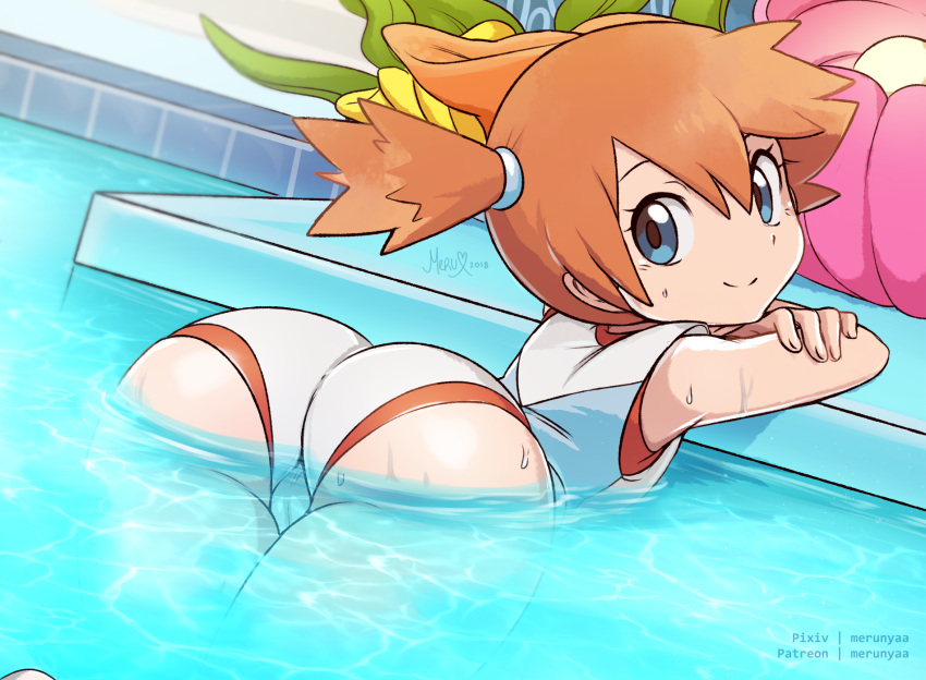 1girl ass bent_over blue_eyes creatures_(company) game_freak gym_leader highres kasumi_(pokemon) looking_at_viewer merunyaa nintendo one-piece_swimsuit partially_submerged pokemon pokemon_(game) ponytail pool short_ponytail smile solo swimsuit water watermark wet white_swimsuit
