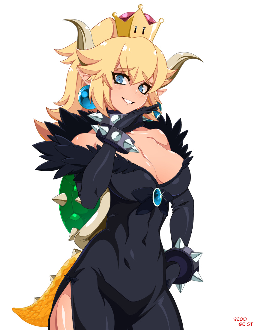 1girl absurdres black_dress black_nails blonde_hair blue_eyes blush borrowed_design bowsette bracelet breasts bright_pupils cleavage collar commentary_request covered_navel cowboy_shot crown dress earrings eyebrows_visible_through_hair gem glint hair_between_eyes hand_up highres horns jewelry large_breasts lizard_tail looking_at_viewer super_mario_bros. nail_polish new_super_mario_bros._u_deluxe nintendo pointy_ears ponytail reddgeist shell signature simple_background slit_pupils smile solo spiked_armlet spiked_bracelet spiked_collar spiked_shell spiked_tail spikes super_crown tail turtle_shell white_background