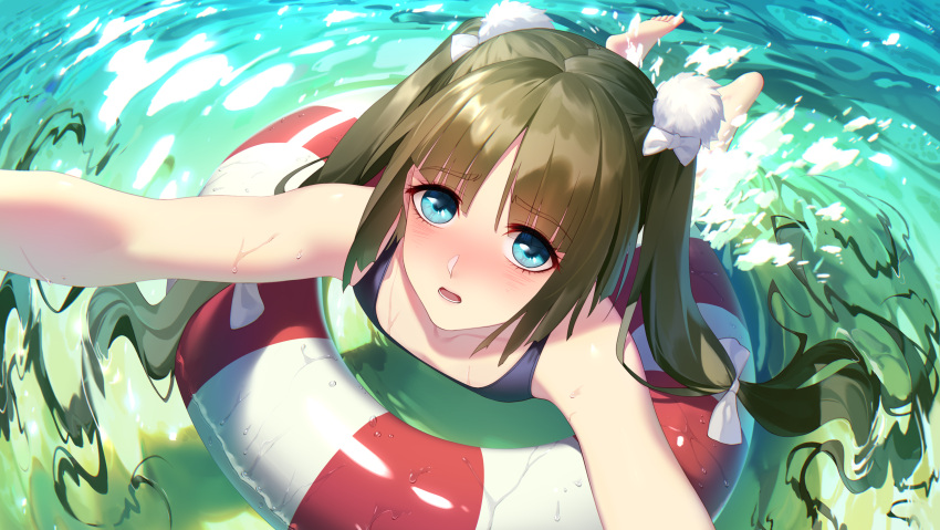 1girl absurdres barefoot blue_eyes blurry blush bow brown_hair daye_bie_qia_lian depth_of_field eyebrows_visible_through_hair hair_bow highres innertube long_hair looking_at_viewer one-piece_swimsuit open_mouth outstretched_arms pov ripples romantic_saga_of_beauty_&amp;_devil solo swimsuit twintails water