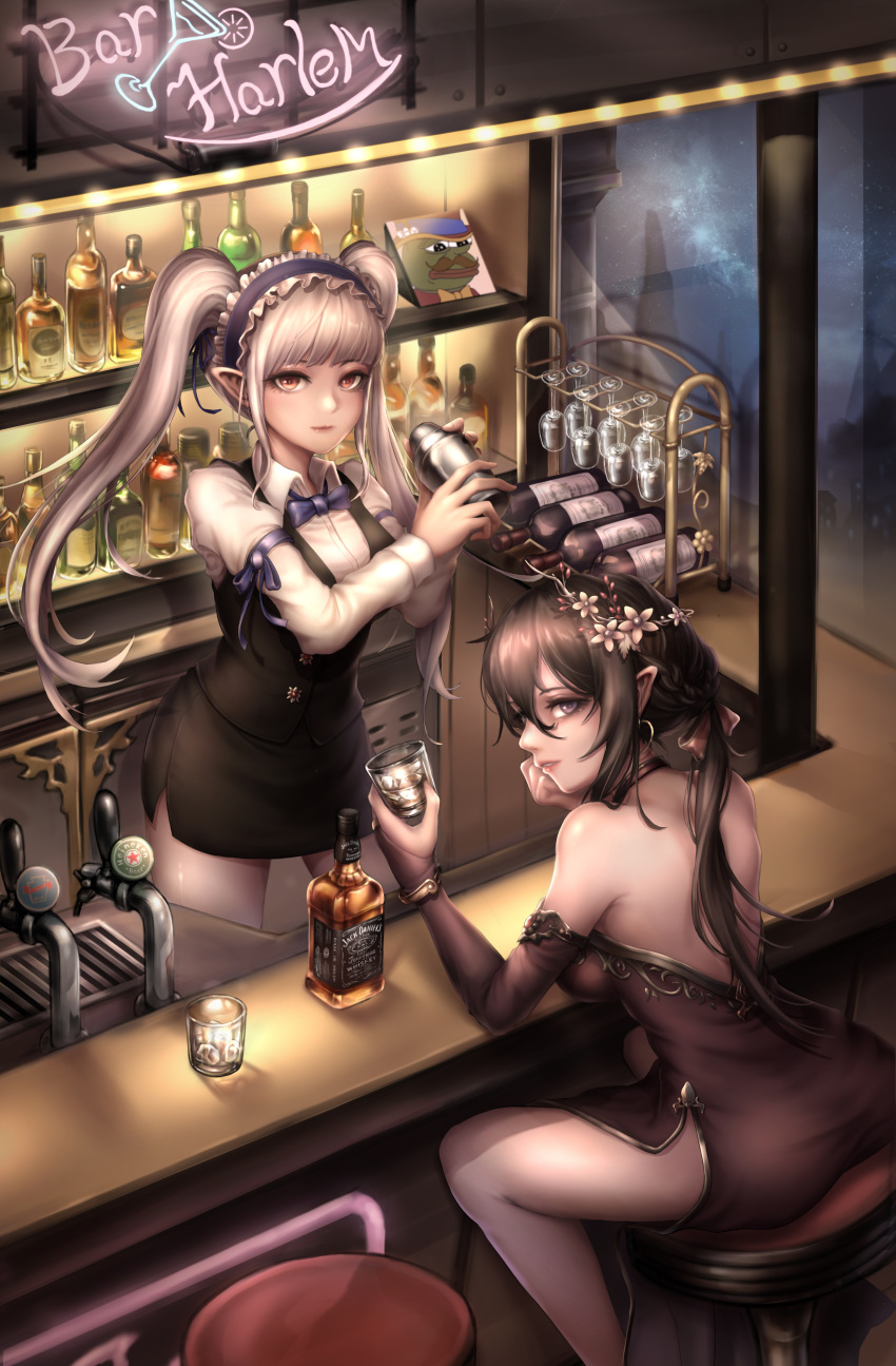 2girls absurdres alcohol arm_belt ass backless_dress backless_outfit bangs bar bar_stool bare_back bare_shoulders bartender black_dress black_hair black_skirt black_vest blue_ribbon blunt_bangs bottle bow bowtie bracelet braid bridal_gauntlets collared_shirt cup dress drink drinking_glass dungeon_and_fighter earrings flower french_braid frills hair_between_eyes hair_bow hair_ribbon hairband halter_dress head_wreath heineken highres hoop_earrings jack_daniel's jewelry kie_(wylee2212) lolita_hairband long_hair long_sleeves looking_at_viewer looking_back miniskirt multiple_girls night parted_lips pencil_skirt pepe_the_frog pointy_ears ponytail red_bow red_eyes ribbon shirt side_slit sitting skirt skirt_set stool twintails vest violet_eyes whiskey white_hair white_shirt window wreath