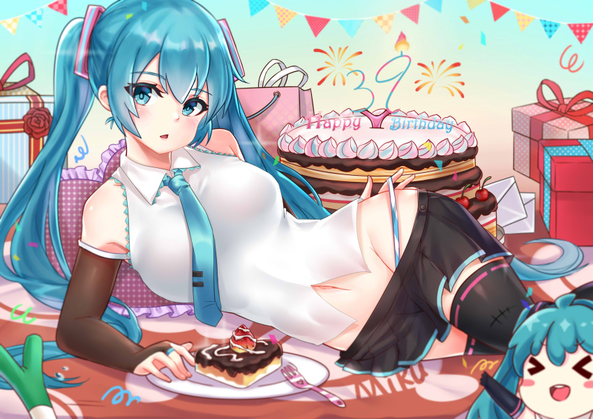 1girl absurdres birthday black_skirt blue_eyes blue_hair blue_neckwear blue_panties blush breasts cake datew detached_sleeves eyebrows_visible_through_hair food fork happy_birthday hatsune_miku highres large_breasts long_hair looking_at_viewer lying navel necktie on_side panties parted_lips plate skirt slice_of_cake solo striped striped_panties tie_clip twintails underwear vocaloid white_panties