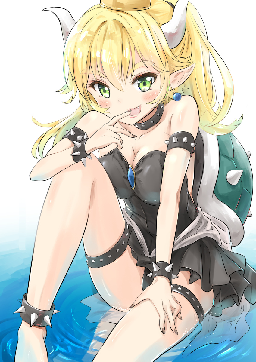 1girl absurdres anzu_yoshihiro bare_shoulders black_swimsuit blonde_hair blush bowsette bracelet breasts casual_one-piece_swimsuit cleavage collar collarbone commentary_request earrings fang green_eyes hair_between_eyes highres jewelry knee_up long_hair looking_at_viewer super_mario_bros. nail_polish new_super_mario_bros._u_deluxe nintendo one-piece_swimsuit pointy_ears ponytail reflection sitting smile solo spiked_anklet spiked_armlet spiked_bracelet spiked_collar spiked_shell spikes super_crown swimsuit thick_eyebrows thigh_strap water