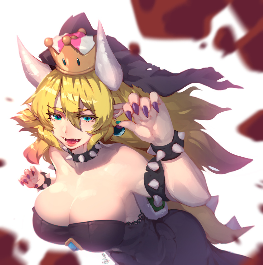 1girl absurdres armlet bare_shoulders black_dress blonde_hair bowsette bracelet breasts cleavage collar collarbone commentary_request crown dress earrings eyebrows eyebrows_visible_through_hair hex2go highres horns jewelry large_breasts long_hair looking_at_viewer super_mario_bros. nail_polish new_super_mario_bros._u_deluxe nintendo open_mouth pointy_ears purple_nails sharp_teeth simple_background solo spiked_armlet spiked_bracelet spiked_collar spikes super_crown tail teeth white_background
