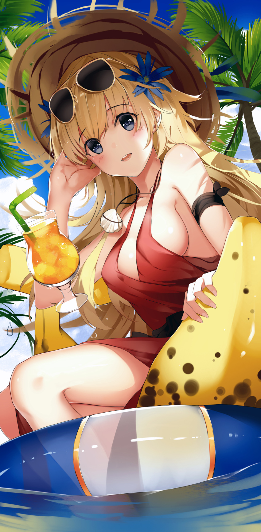 1girl absurdres bare_shoulders bendy_straw blonde_hair blue_eyes blue_flower blue_sky blush breasts clouds cocktail_dress collarbone cup day dress drink drinking_glass drinking_straw eyewear_on_head fate/grand_order fate_(series) flower hair_flower hair_ornament hat highres inflatable_banana inflatable_toy innertube jeanne_d'arc_(fate) jeanne_d'arc_(fate)_(all) jewelry long_hair looking_at_viewer medium_breasts necklace niii_(memstapak) outdoors palm_tree parted_lips red_dress seashell seashell_necklace shell sideboob sky sleeveless sleeveless_dress solo straw_hat sunglasses transparent tree upper_teeth very_long_hair water water_drop