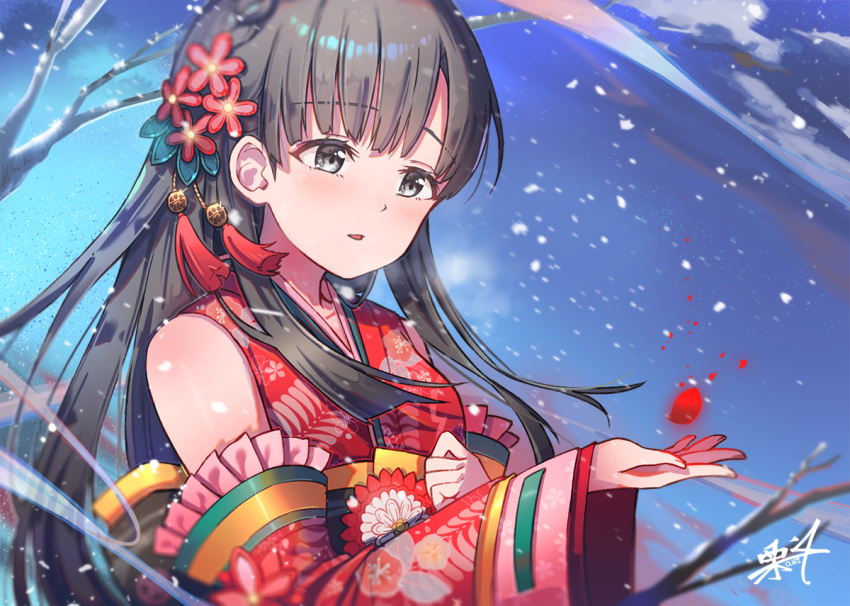 1girl bangs blue_sky blush brown_hair clouds commentary_request day detached_sleeves eyebrows_visible_through_hair floral_print flower frilled_sleeves frills furisode grey_eyes hair_flower hair_ornament hand_up idolmaster idolmaster_cinderella_girls japanese_clothes kimono kobayakawa_sae kuri_choko long_hair long_sleeves outdoors parted_lips petals print_kimono red_flower red_kimono signature sky sleeveless sleeveless_kimono sleeves_past_wrists snow solo tree_branch very_long_hair wide_sleeves