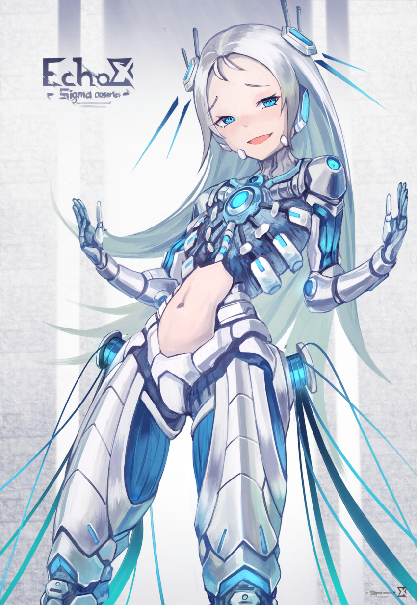 1girl :d android blue_eyes commentary english_commentary hands_up headgear highres long_hair looking_at_viewer mecha_musume navel open_mouth original sawawse silver_hair smile solo standing standing_on_one_leg