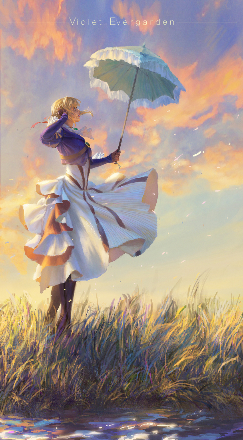 1girl absurdres adjusting_hair blonde_hair blue_eyes blue_jacket braid brooch brown_gloves clouds cloudy_sky gloves grass hair_between_eyes hair_intakes hair_ribbon highres holding holding_umbrella jacket jewelry looking_up parasol red_ribbon ribbon shi_shihou skirt skirt_lift sky stream title umbrella violet_evergarden violet_evergarden_(character) water white_neckwear white_skirt wind