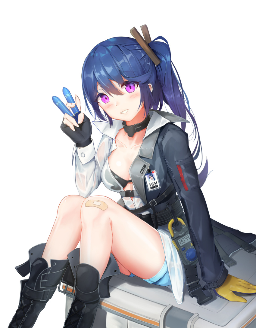 1girl bandaid bandaid_on_knee bangs between_fingers bikini_top black_bikini_top black_footwear black_gloves black_jacket blue_hair blue_shorts blush boots breasts collarbone commentary_request cross-laced_footwear eyebrows_visible_through_hair fingerless_gloves fingernails girls_frontline gloves hair_between_eyes highres holding jacket k11_(girls_frontline) knee_boots lace-up_boots leaning_to_the_side long_hair long_sleeves medium_breasts parted_lips seero shirt short_shorts shorts side_ponytail sitting sitting_on_object solo very_long_hair violet_eyes white_background white_shirt