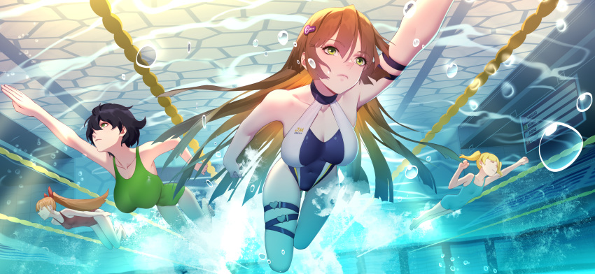 &gt;_&lt; 4girls :3 absurdres air_bubble arm_strap black_hair blue_swimsuit breasts brown_hair bubble closed_eyes competition_swimsuit daye_bie_qia_lian eyebrows_visible_through_hair green_eyes green_swimsuit hair_ornament halterneck highres lane_line large_breasts long_hair multiple_girls one-piece_swimsuit pool red_swimsuit romantic_saga_of_beauty_&amp;_devil short_hair short_twintails small_breasts swimsuit thigh_strap twintails underwater white_swimsuit