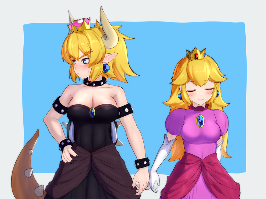 2girls bare_shoulders black_dress black_nails blonde_hair blue_eyes blush bowsette bracelet breasts cleavage closed_eyes closed_mouth collar collarbone dress earrings elbow_gloves eyebrows_visible_through_hair facing_viewer gloves hand_on_hip holding_pinkies iwahana jewelry large_breasts long_hair looking_away multiple_girls nail_polish new_super_mario_bros._u_deluxe nintendo pink_dress pointy_ears princess_peach short_hair short_ponytail smile spiked_armlet spiked_bracelet spiked_collar spikes super_crown super_mario_bros. tail thick_eyebrows white_gloves