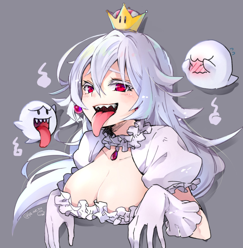 1girl blush boo breasts cleavage covering_face crown dress earrings face flying frilled_gloves frills ghost ghost_pose gloves gradient gradient_background hair_between_eyes jewelry long_tongue luigi's_mansion super_mario_bros. mini_crown nerokuro new_super_mario_bros._u_deluxe nintendo open_mouth princess_king_boo puffy_short_sleeves puffy_sleeves red_eyes sharp_teeth short_sleeves simple_background super_crown teeth tilted_headwear tongue tongue_out upper_body white_dress white_gloves white_hair