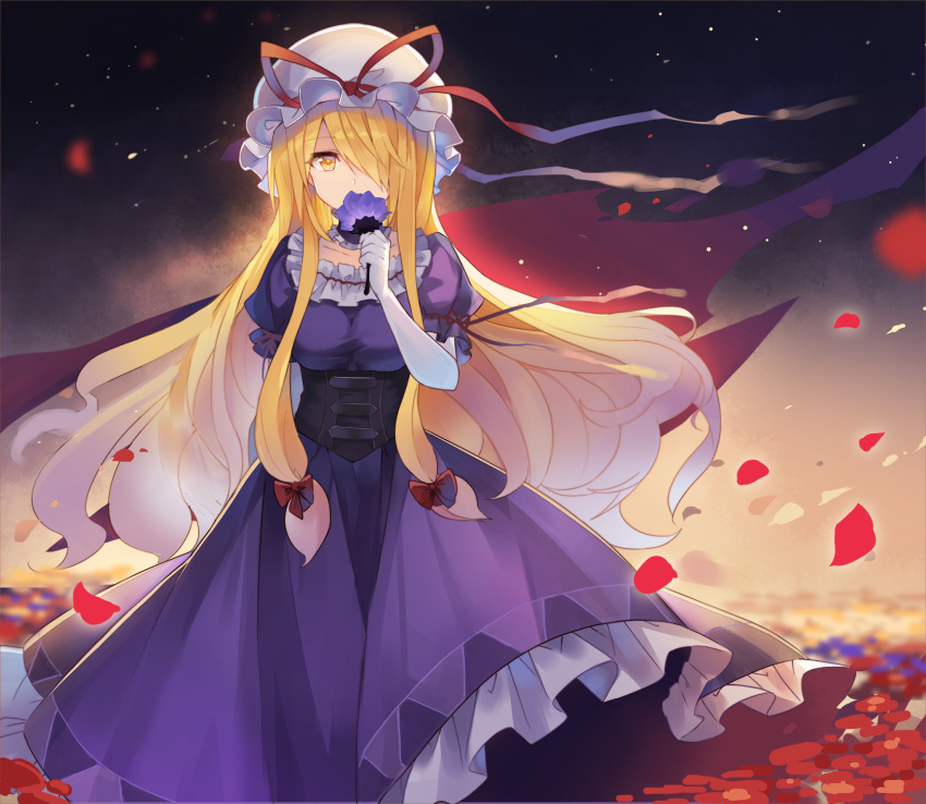 1girl bangs blonde_hair blue_flower blue_rose bow breasts collarbone commentary_request corset covered_mouth dress elbow_gloves eyebrows_visible_through_hair flower frilled_dress frills gloves hair_bow hair_over_one_eye hand_up hat hat_ribbon highres holding holding_flower large_breasts long_hair looking_at_viewer mob_cap petals petticoat puffy_short_sleeves puffy_sleeves purple_dress red_bow red_ribbon ribbon rin_falcon rose rose_petals short_sleeves sidelocks solo standing touhou very_long_hair white_gloves white_hat yakumo_yukari yellow_eyes