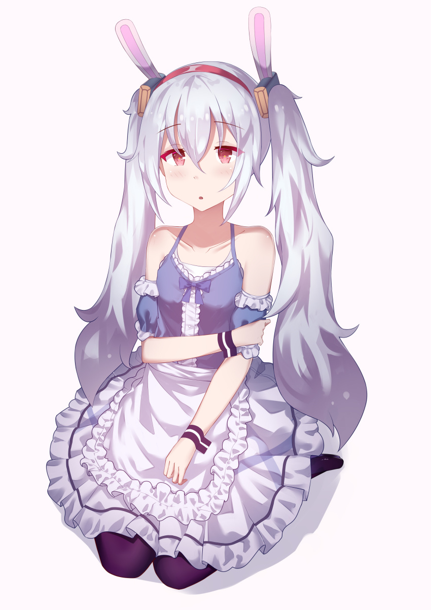 1girl :o absurdres animal_ears apron arm_grab azur_lane bangs bare_shoulders black_legwear blue_camisole blush camisole collarbone commentary_request detached_sleeves eyebrows_visible_through_hair frilled_apron frilled_skirt frills hair_between_eyes hair_ornament hairband highres laffey_(azur_lane) long_hair nagisa_(cxcx5235) pantyhose parted_lips pink_background pleated_skirt puffy_short_sleeves puffy_sleeves rabbit_ears red_eyes red_hairband short_sleeves silver_hair simple_background sitting skirt solo twintails very_long_hair waist_apron wariza white_apron white_skirt wrist_cuffs