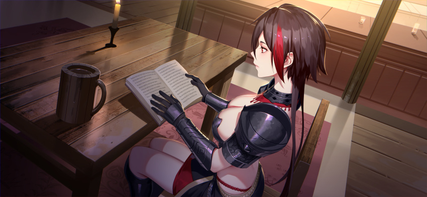 1girl absurdres arm_guards black_gloves black_hair book breasts candle cleavage closed_mouth daye_bie_qia_lian detached_collar dutch_angle from_above gloves greaves highres indoors large_breasts multicolored_hair open_book red_eyes romantic_saga_of_beauty_&amp;_devil short_hair shoulder_armor sitting skirt solo two-tone_hair