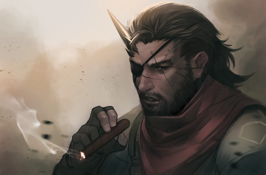 1boy absurdres beard brown_eyes brown_hair cigar commentary embers english_commentary eyepatch facial_hair facial_scar fingerless_gloves gloves highres holding horn less looking_to_the_side male_focus metal_gear_(series) metal_gear_solid metal_gear_solid_v mustache one_eye_covered parted_lips scar scar_across_eye scar_on_cheek scarf smoke smoking venom_snake