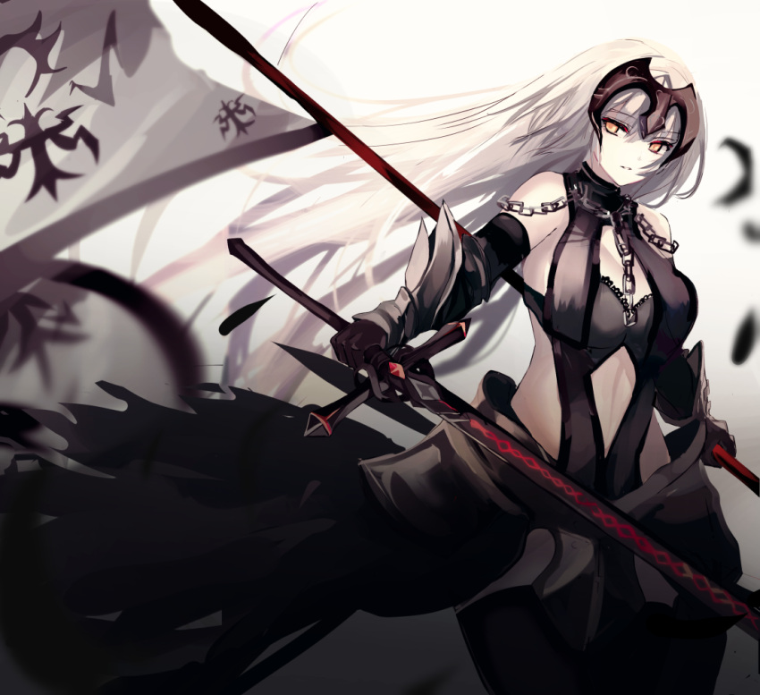 ahoge armor armored_dress bangs beckzawachi black_dress breasts chains commentary_request dress eyebrows_visible_through_hair fate/grand_order fate_(series) flag gauntlets headpiece jeanne_d'arc_(alter)_(fate) jeanne_d'arc_(fate)_(all) pale_skin short_hair silver_hair sword thigh-highs weapon yellow_eyes