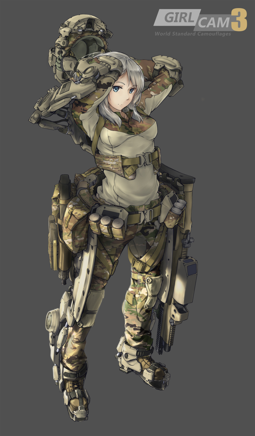 1girl absurdres arms_up blue_eyes camouflage elbow_pads exoskeleton full_body gloves gun headwear_removed helmet helmet_removed highres magazine_(weapon) military original pouch silver_hair simple_background solo tantu_(tc1995) weapon weapon_request