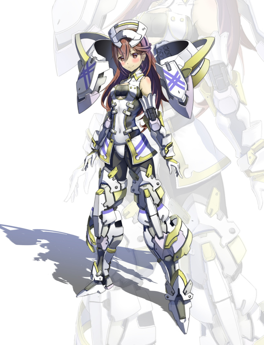 1girl alice_gear_aegis bodysuit brown_eyes brown_hair character_request covered_navel highres mecha_musume misenouchi shadow solo white_background zoom_layer