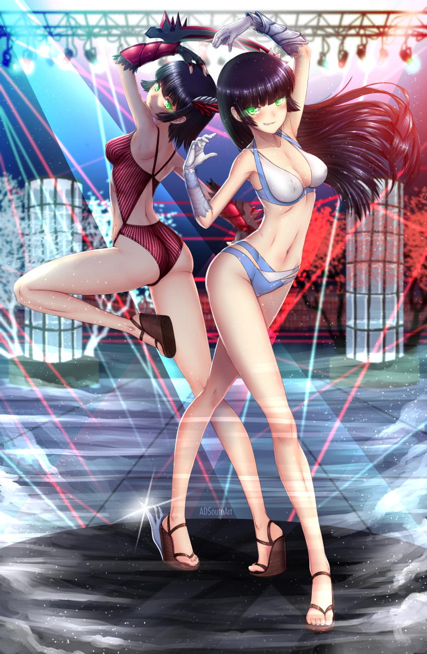 2girls absurdres adsouto black_hair breasts flower gloves green_eyes hair_flower hair_ornament highres long_hair looking_at_viewer melanie_malachite miltiades_malachite multiple_girls rwby short_hair siblings sisters smug swimsuit twins weapon