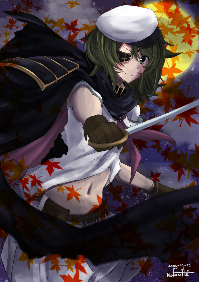 1girl absurdres autumn_leaves black_cape brown_gloves cape cutlass dated eyepatch gloves green_eyes green_hair hat highres holding holding_sword holding_weapon kantai_collection kiso_(kantai_collection) looking_at_viewer midriff nakura_haru navel remodel_(kantai_collection) sailor_hat school_uniform serafuku short_hair signature skirt smile solo sword weapon white_skirt