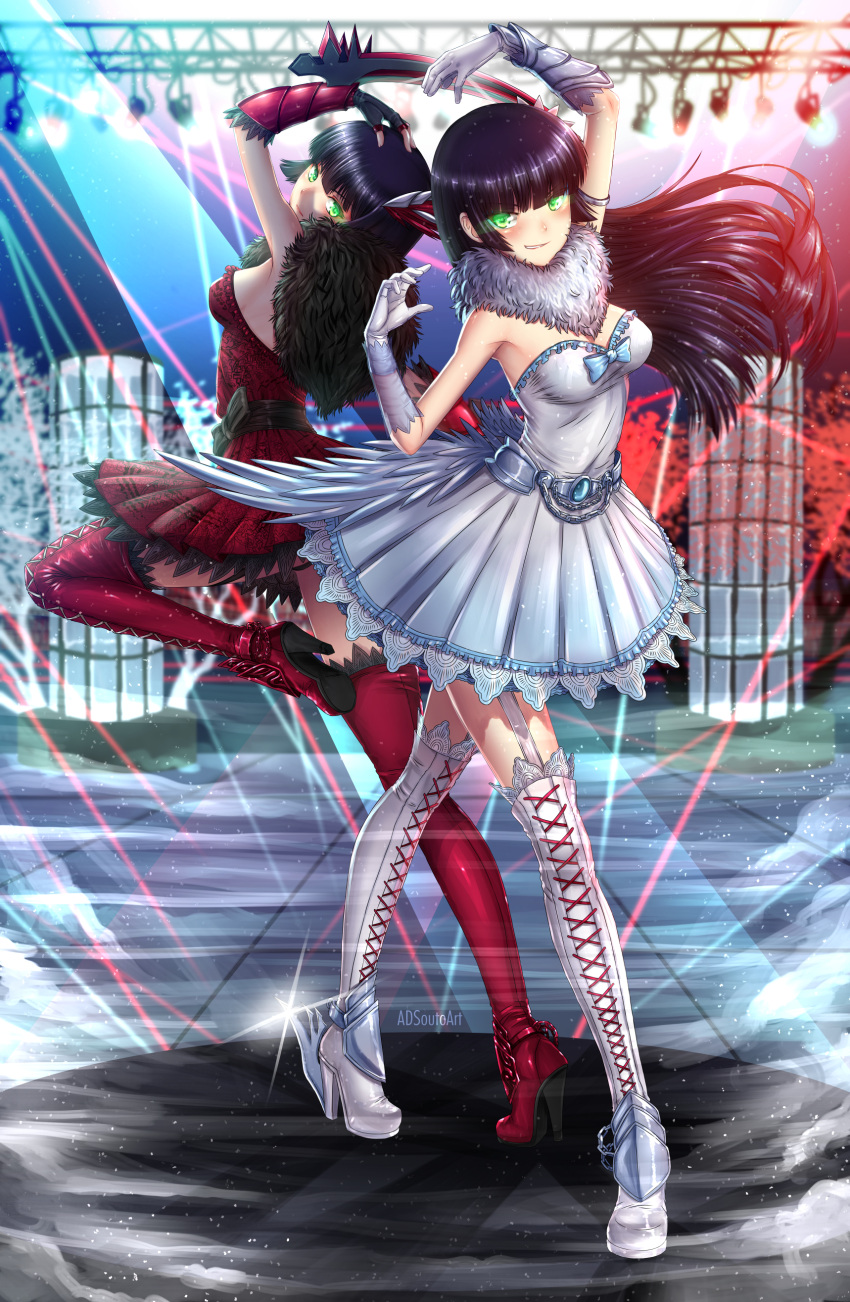 2girls absurdres adsouto black_hair boots breasts dress feathers flower gloves green_eyes hair_flower hair_ornament high_heel_boots high_heels highres long_hair looking_at_viewer melanie_malachite miltiades_malachite multiple_girls red_dress rwby short_hair siblings sisters thigh-highs twins weapon white_dress