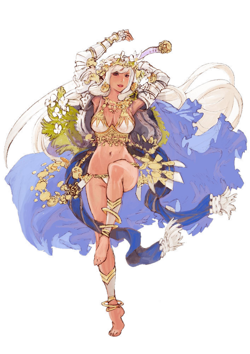 1girl ankle_wrap anklet armor arms_up bangle barefoot bracelet breasts cape cleavage flower gloves hair_flower hair_ornament headpiece highres holding jewelry large_breasts leg_up lips long_hair minaba_hideo navel necklace official_art open_mouth pink_eyes saber_(weapon) sheena_(terra_battle) solo sword terra_battle transparent_background very_long_hair weapon